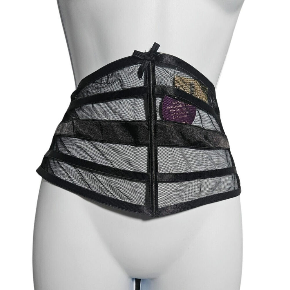 Cacique Sexy Black Satin Mesh Goth Punk HalloweenWaist Band Corset Sz 14-16